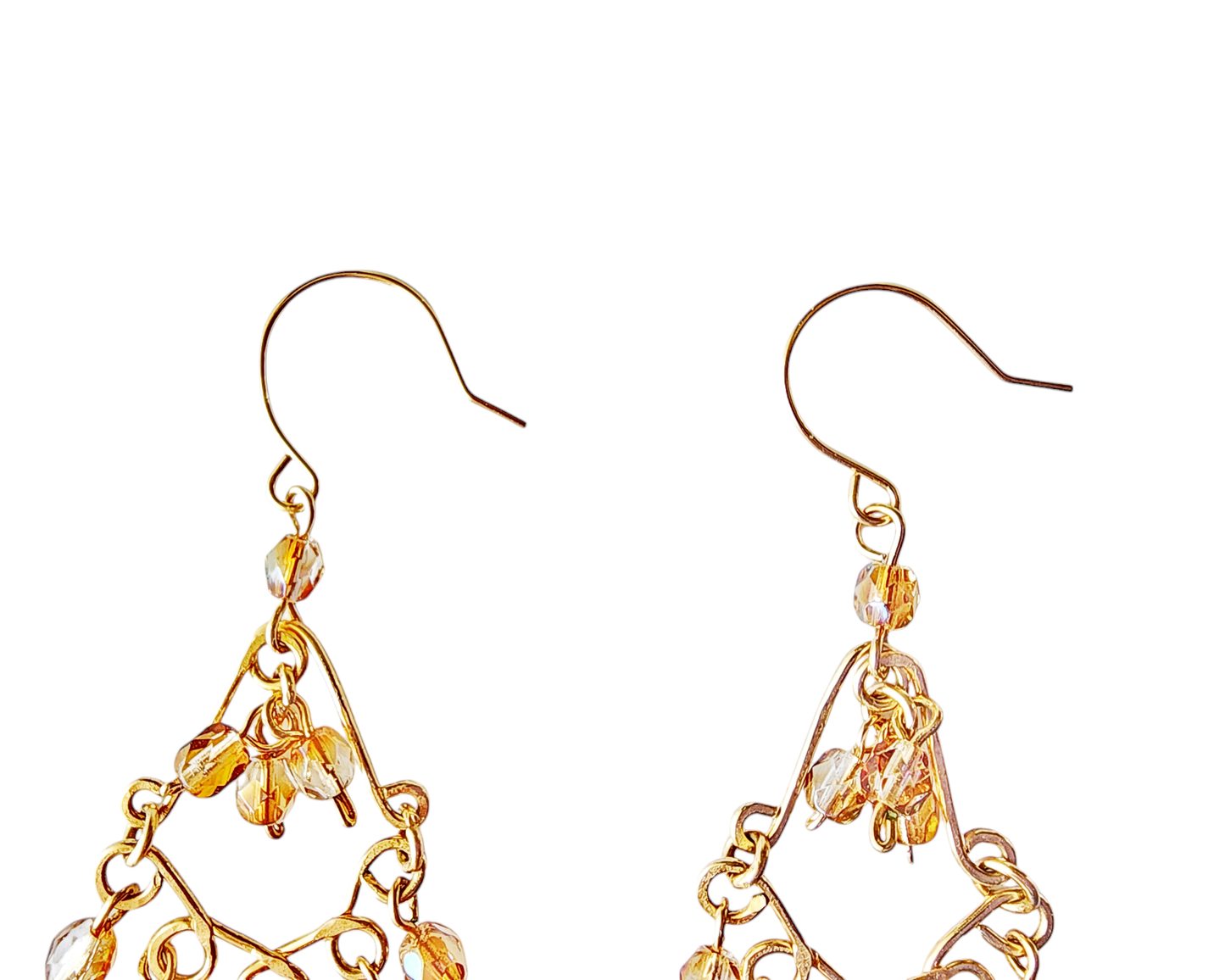 Long Bohemian Champagne Sparkle Golen Chandelier Earrings, Gold Filled wire wrapped sparkly pale gold, light topaz beads dangling from french earring hooks.