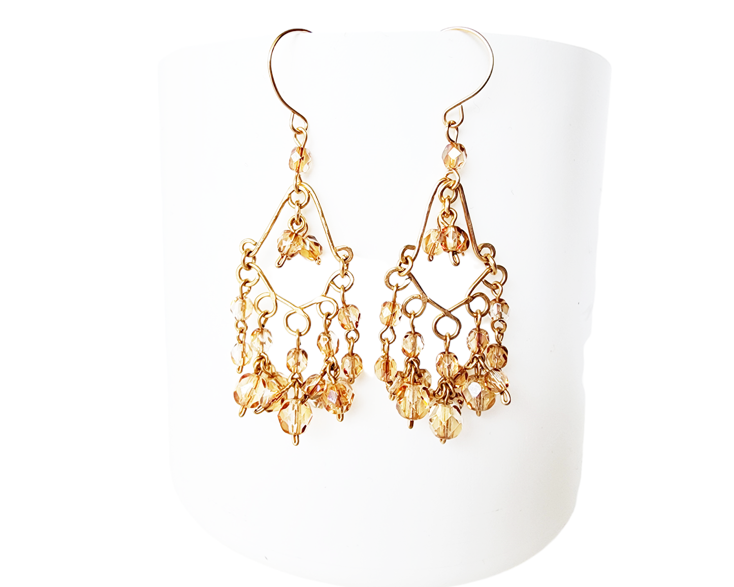 Long Bohemian Champagne Sparkle Golen Chandelier Earrings, Gold Filled wire wrapped sparkly pale gold, light topaz beads dangling from french earring hooks.