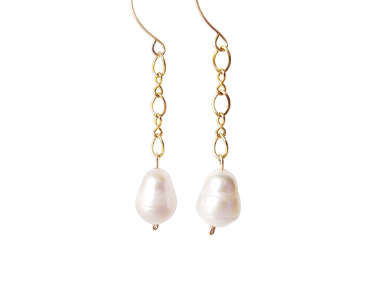 Long Eco Passion Freshwater Cultured Pearl Drop Earrings on Chain, Large drop shaped pearls