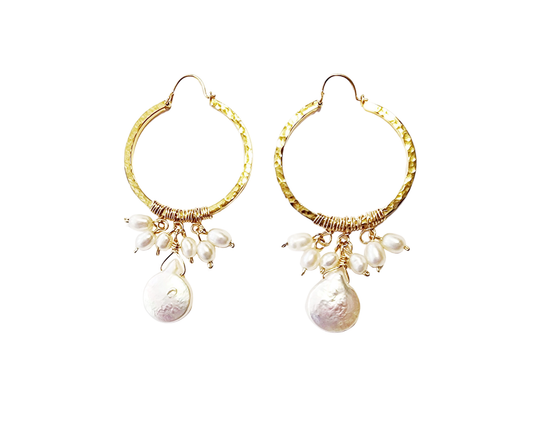 Large Freshwater Cultured Pearl Hoop Chandelier Earrings, White Pearls and Large Drop shape pearl dangling from the base.