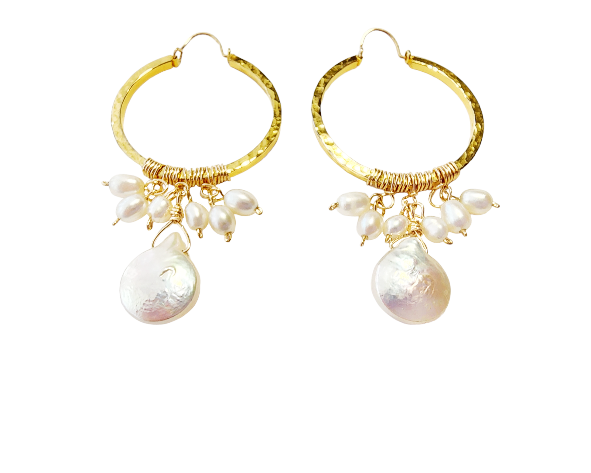 Large Freshwater Cultured Pearl Hoop Chandelier Earrings, White Pearls and Large Drop shape pearl dangling from the base.