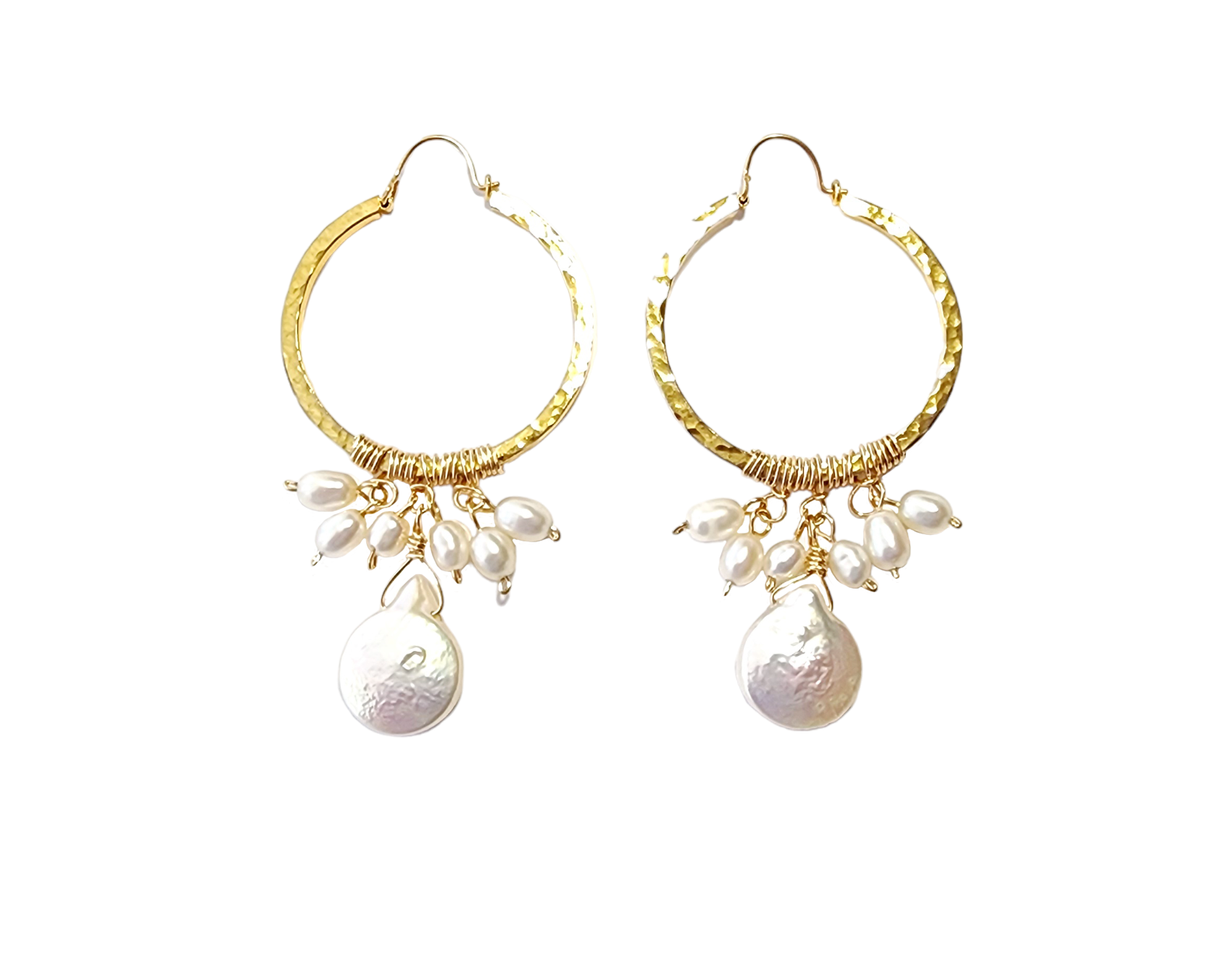 Large Freshwater Cultured Pearl Hoop Chandelier Earrings, White Pearls and Large Drop shape pearl dangling from the base.