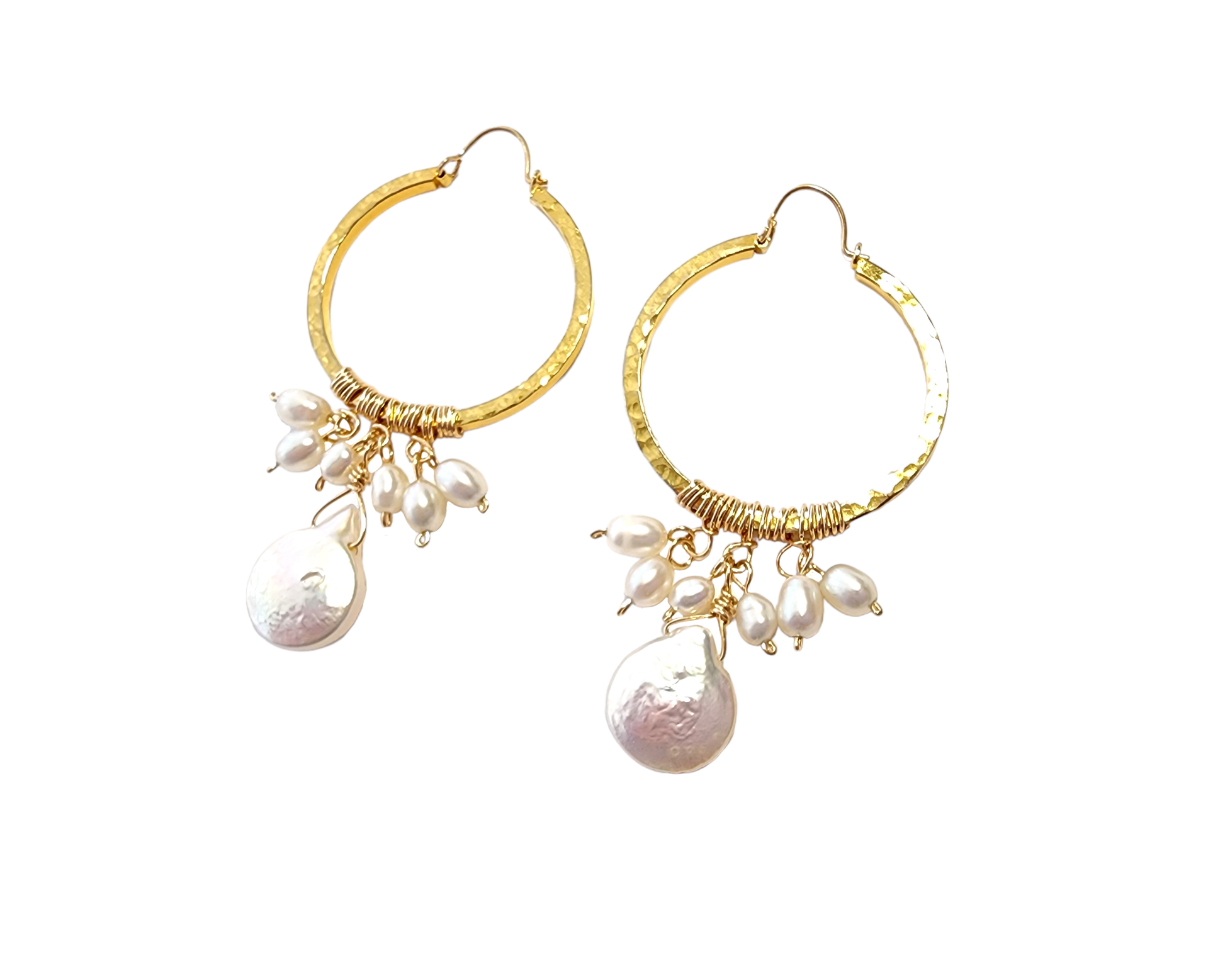 Large Freshwater Cultured Pearl Hoop Chandelier Earrings, White Pearls and Large Drop shape pearl dangling from the base.