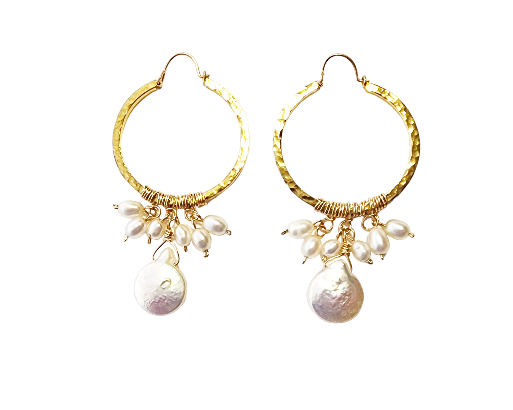 Large Freshwater Cultured Pearl Hoop Chandelier Earrings, White Pearls and Large Drop shape pearl dangling from the base.