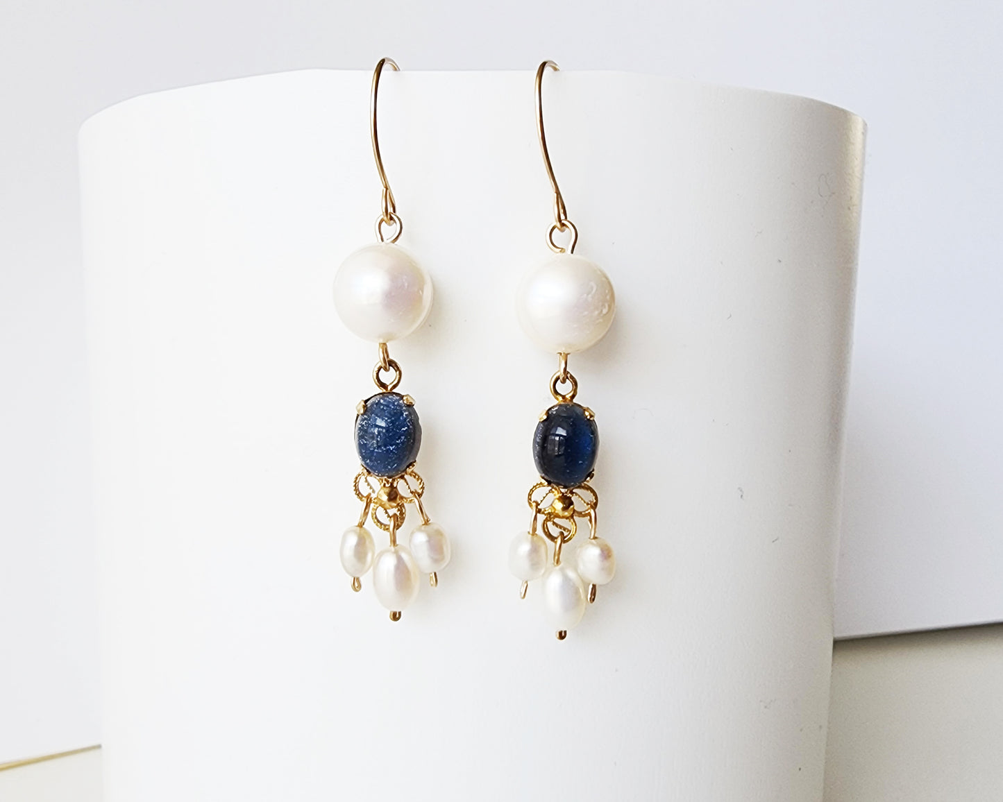 Vintage Faux Star Sapphire and white Freshwater Cultured Pearl, Gold Filled Long Dangle Earrings, mini Chandelier Earrings.