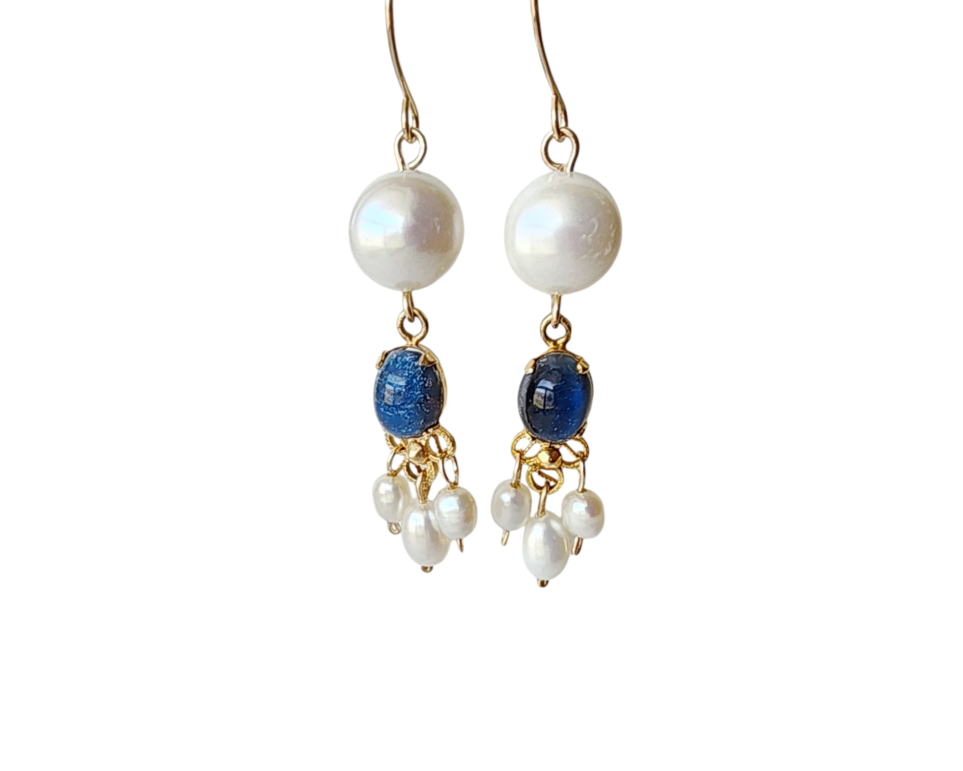 Vintage Faux Star Sapphire and white Freshwater Cultured Pearl, Gold Filled Long Dangle Earrings, mini Chandelier Earrings.