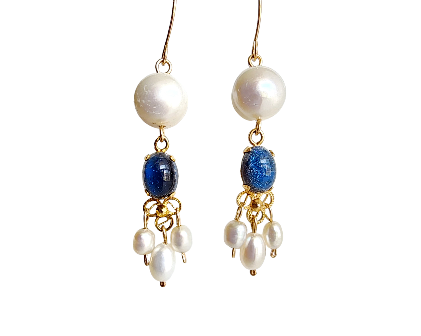 Vintage Faux Star Sapphire and white Freshwater Cultured Pearl, Gold Filled Long Dangle Earrings, mini Chandelier Earrings.