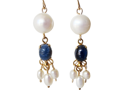 Vintage Faux Star Sapphire and white Freshwater Cultured Pearl, Gold Filled Long Dangle Earrings, mini Chandelier Earrings.