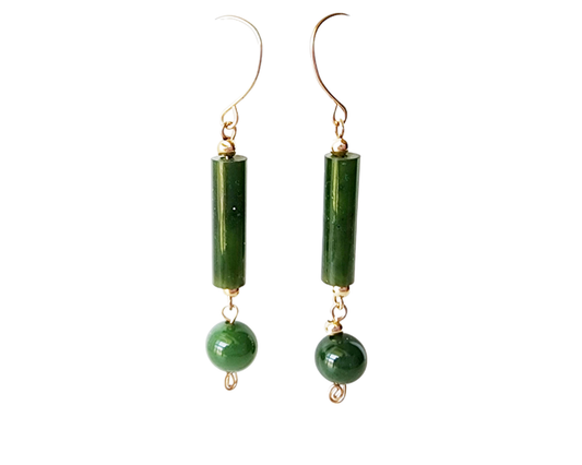Long Vintage inspired BC Jade-Nephite Jade Dangle Earrings made with Upcycled Vintage green BC Canadian Jade and new 14k Gold Filled metal.