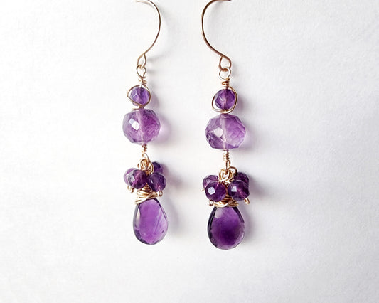 Long, sparkly Amethyst Earrings with Purple and Lavender Amethyst stones and 14k Gold Filed wire, French style earring hooks. 