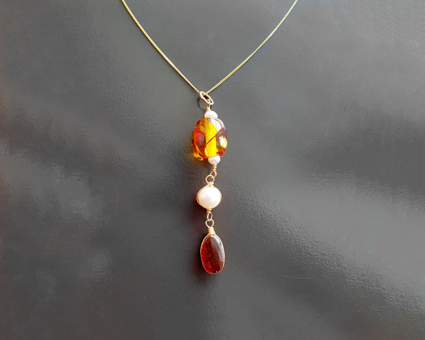 Art Deco Style Vintage Amber Pearl Pendant-Necklace