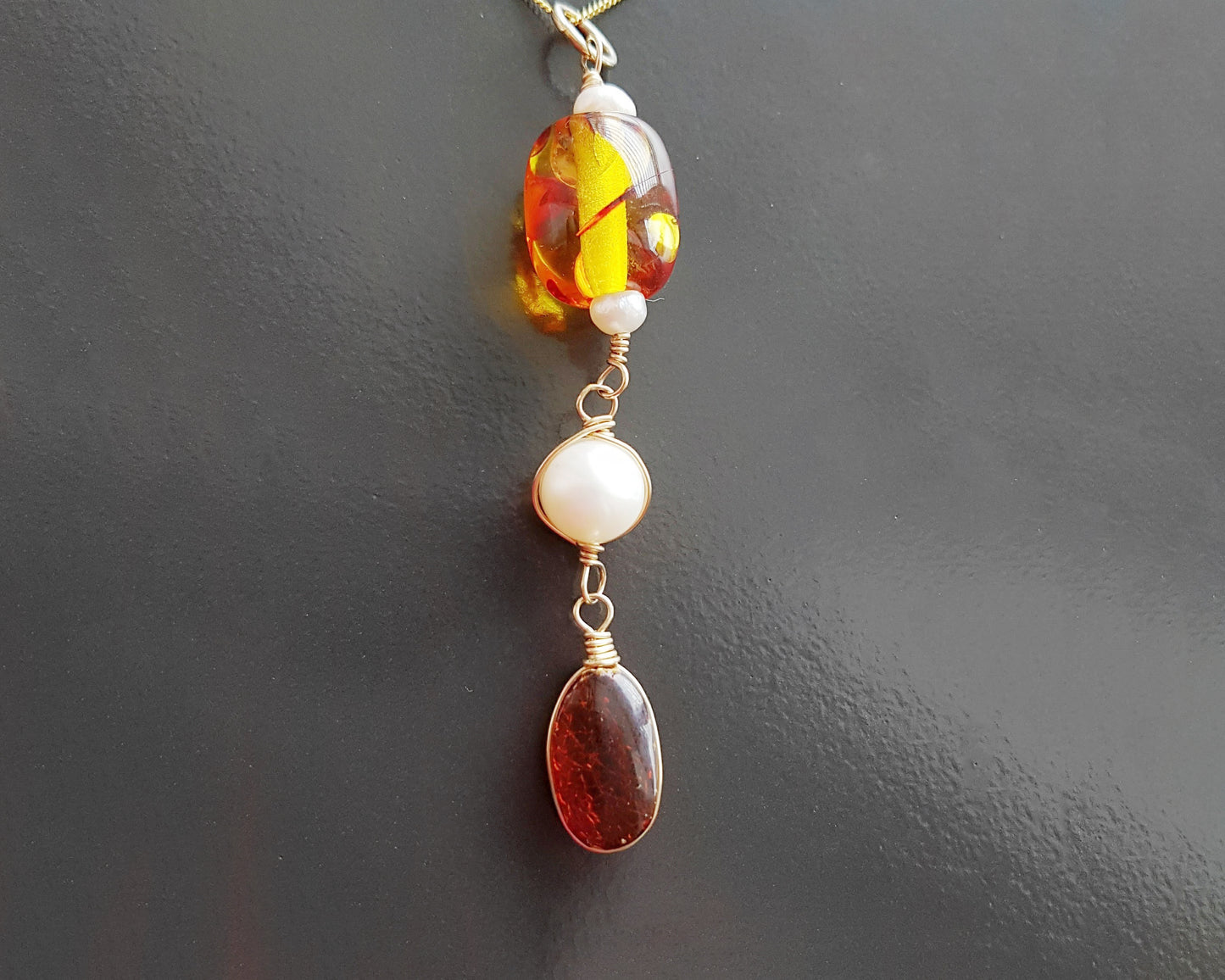 Art Deco Style Vintage Amber Pearl Pendant-Necklace