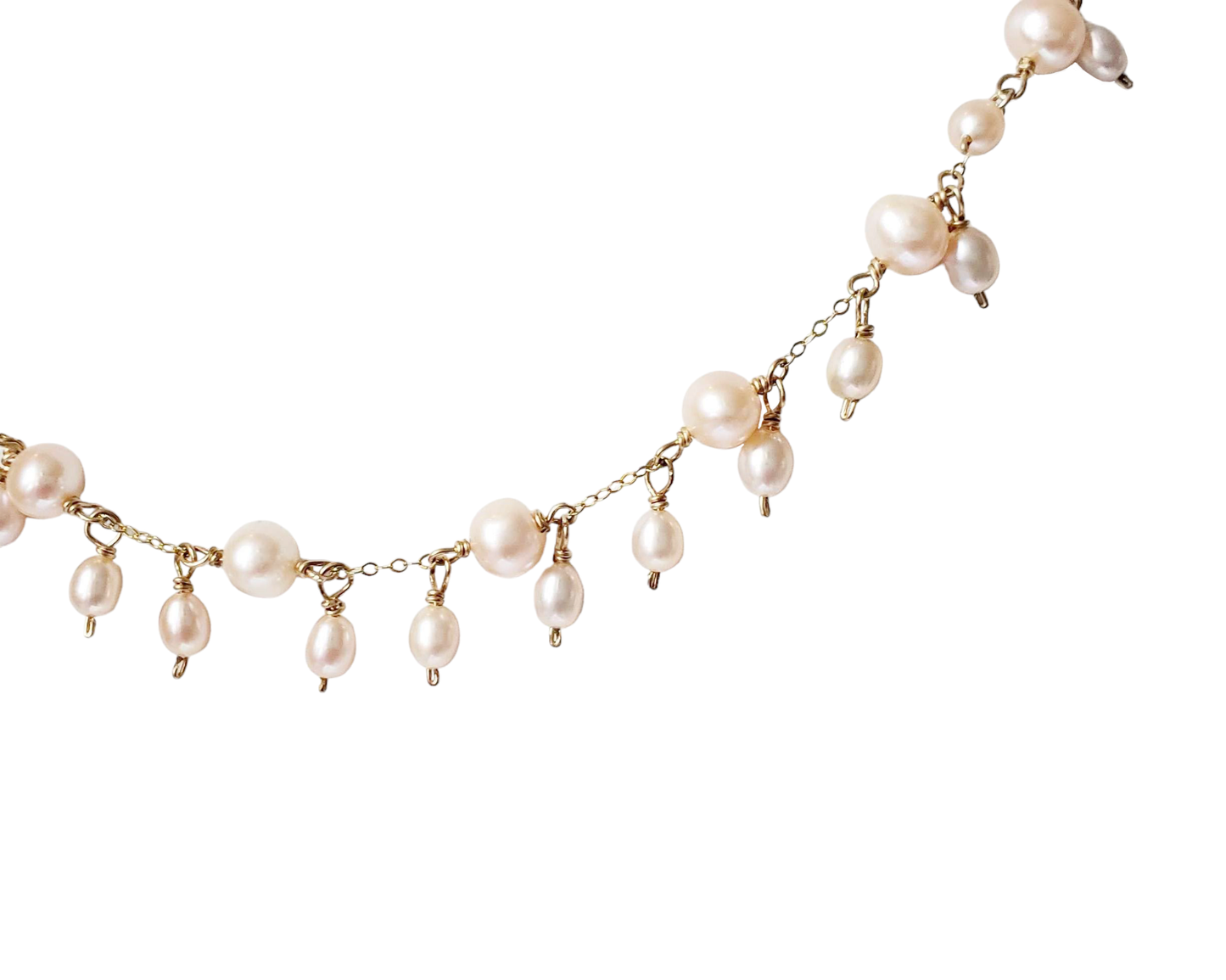 Elegant pale peach color Freshwater Cultured Pearl dangle necklace with small peach pearls and Gold Filled chain