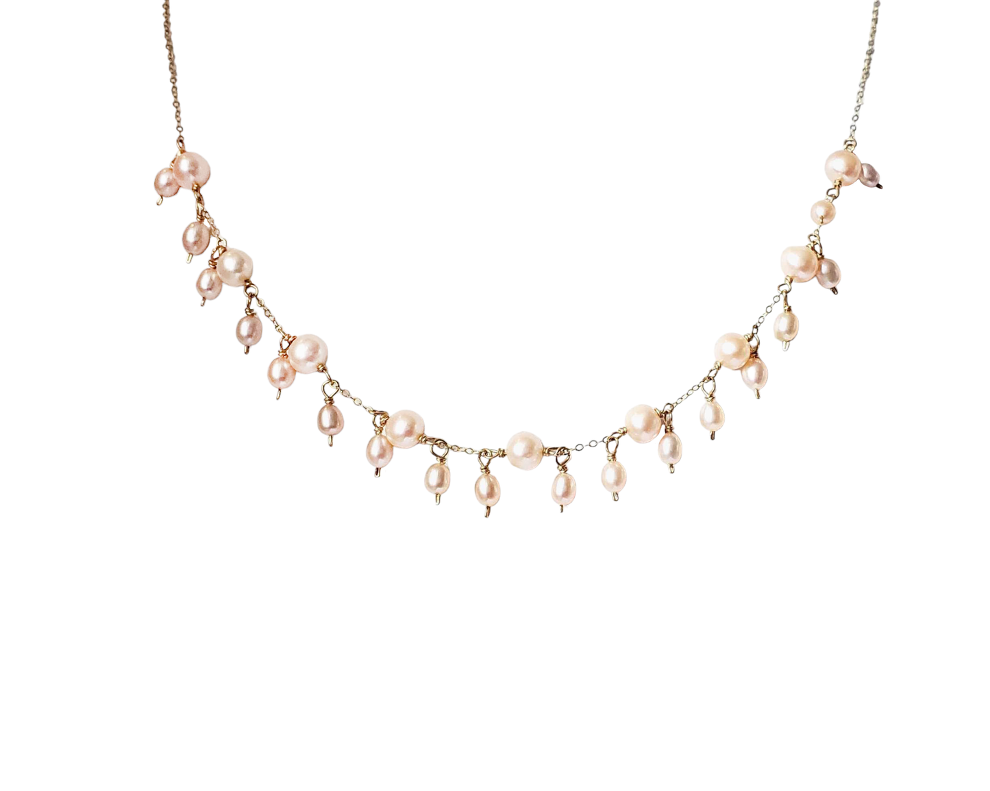 Elegant pale peach color Freshwater Cultured Pearl dangle necklace with small peach pearls and Gold Filled chain