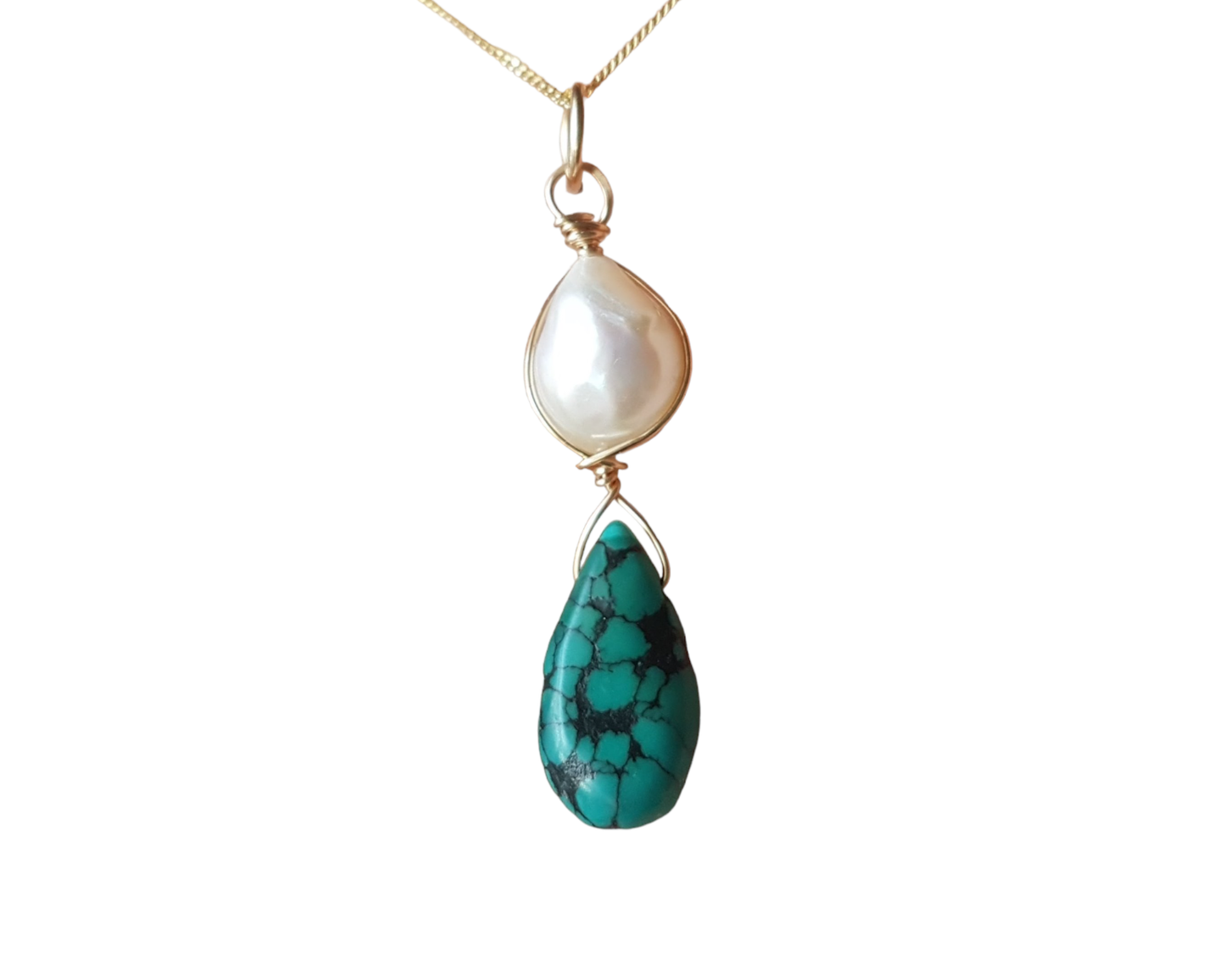 Baroque Pearl Turquoise Pendant with fine 14k Gold Filled curb chain, a Large White Freshwater Cultured Pearl and Turquoise drop shaped stone, wire wrapped with Gold Filled wire. 