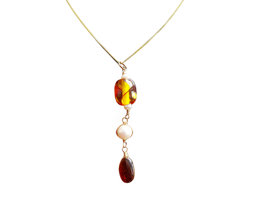 Royal Golden Amber Pendant-Long Pendant-One of a Kind-Handcrafted-Vintage Amber- Freshwater Cultured Pearl, Gold Filled