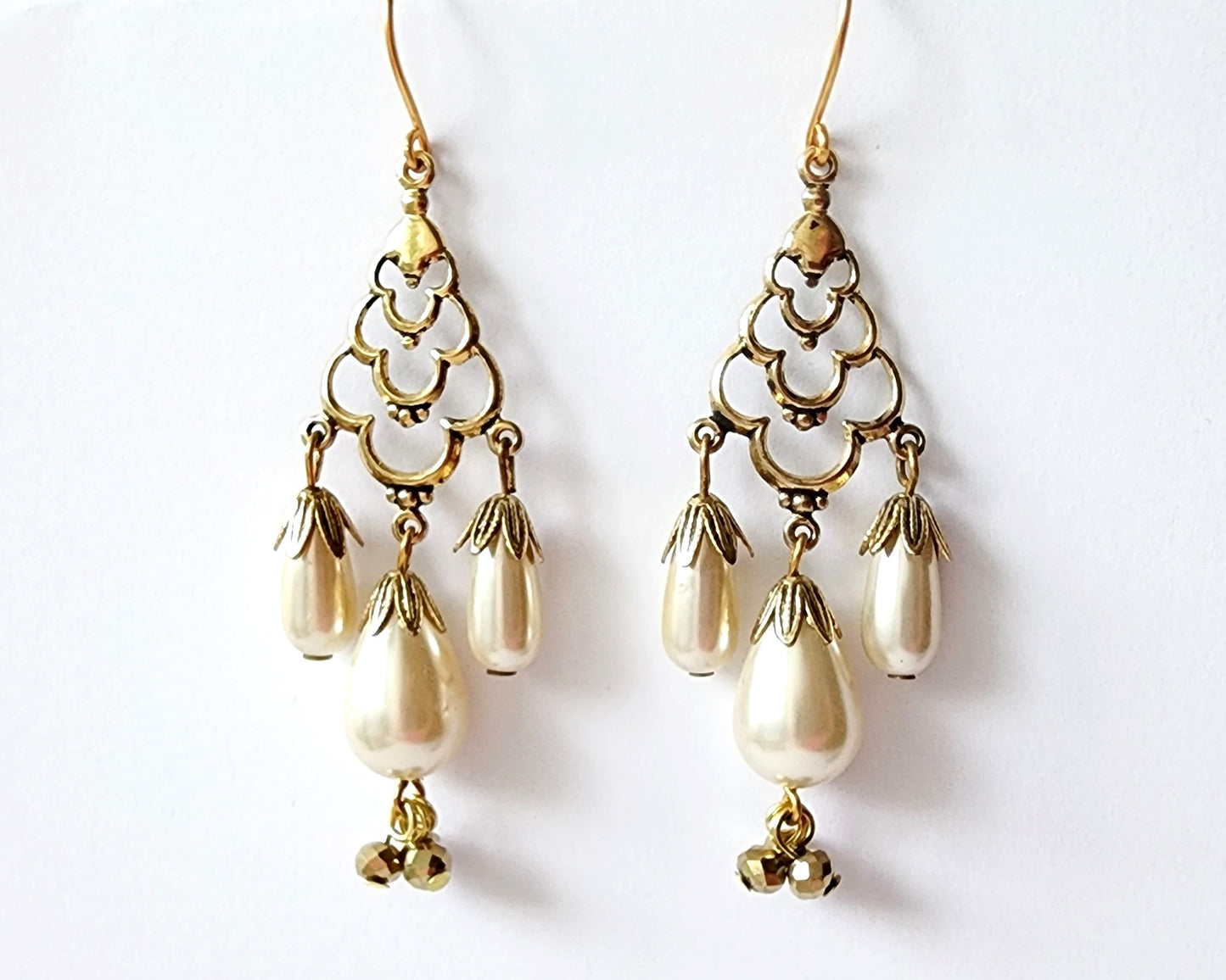 Long Vintage Pearl Drop Gold Crystal Earrings, Long Pearl Chandelier earrings with drop shaped pearls and gold crystal