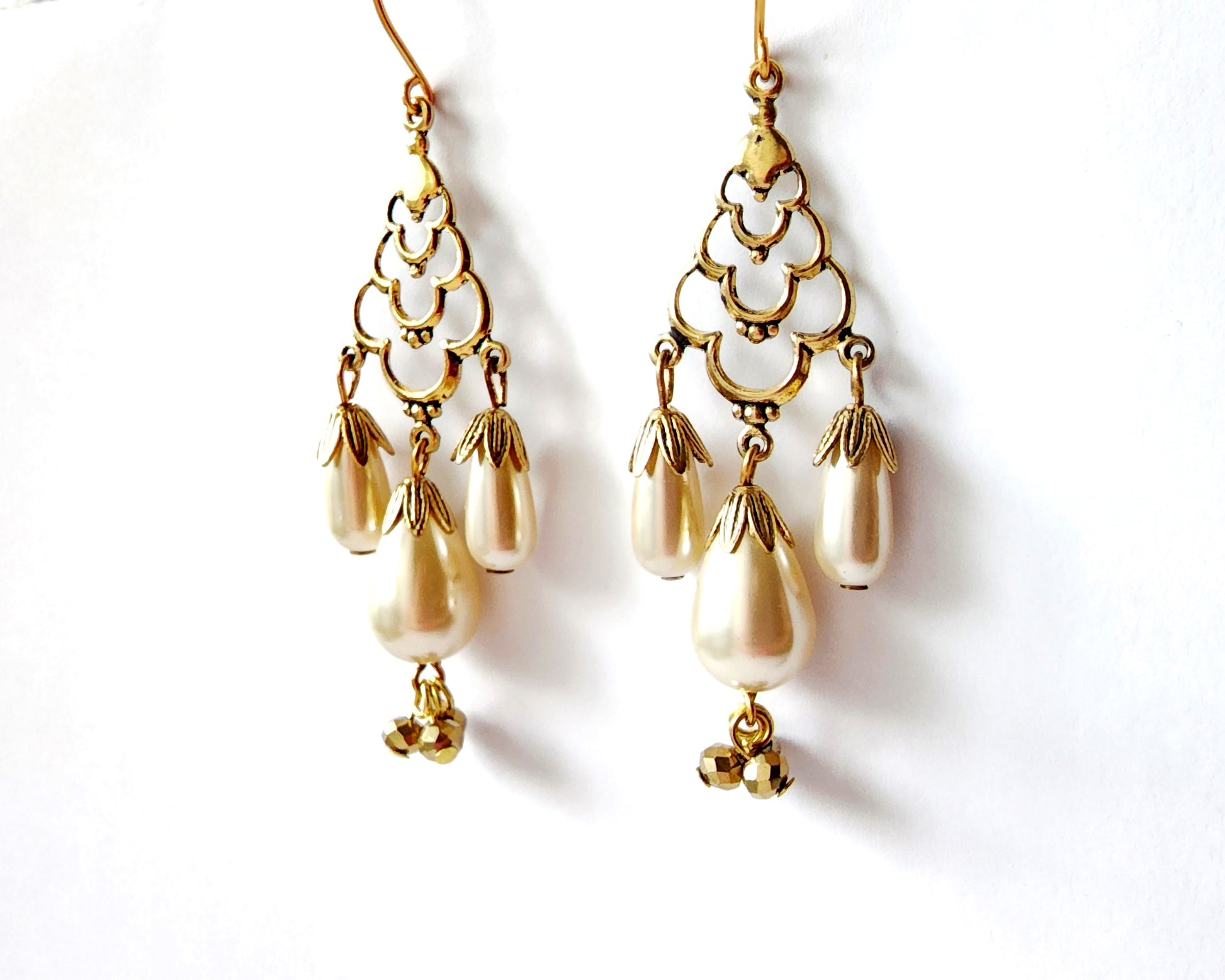 Long Vintage Pearl Drop Gold Crystal Earrings, Long Pearl Chandelier earrings with drop shaped pearls and gold crystal