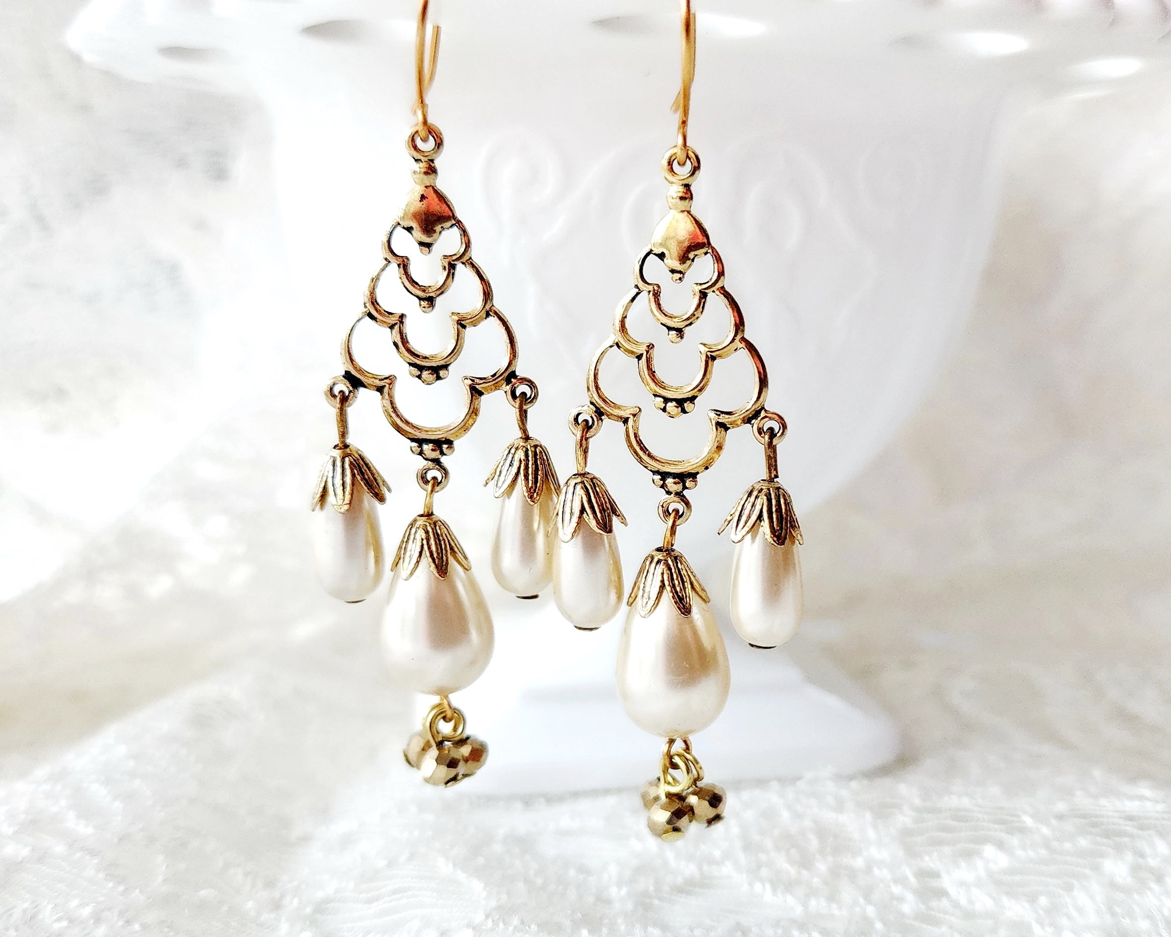 Gold pearl clearance chandelier earrings