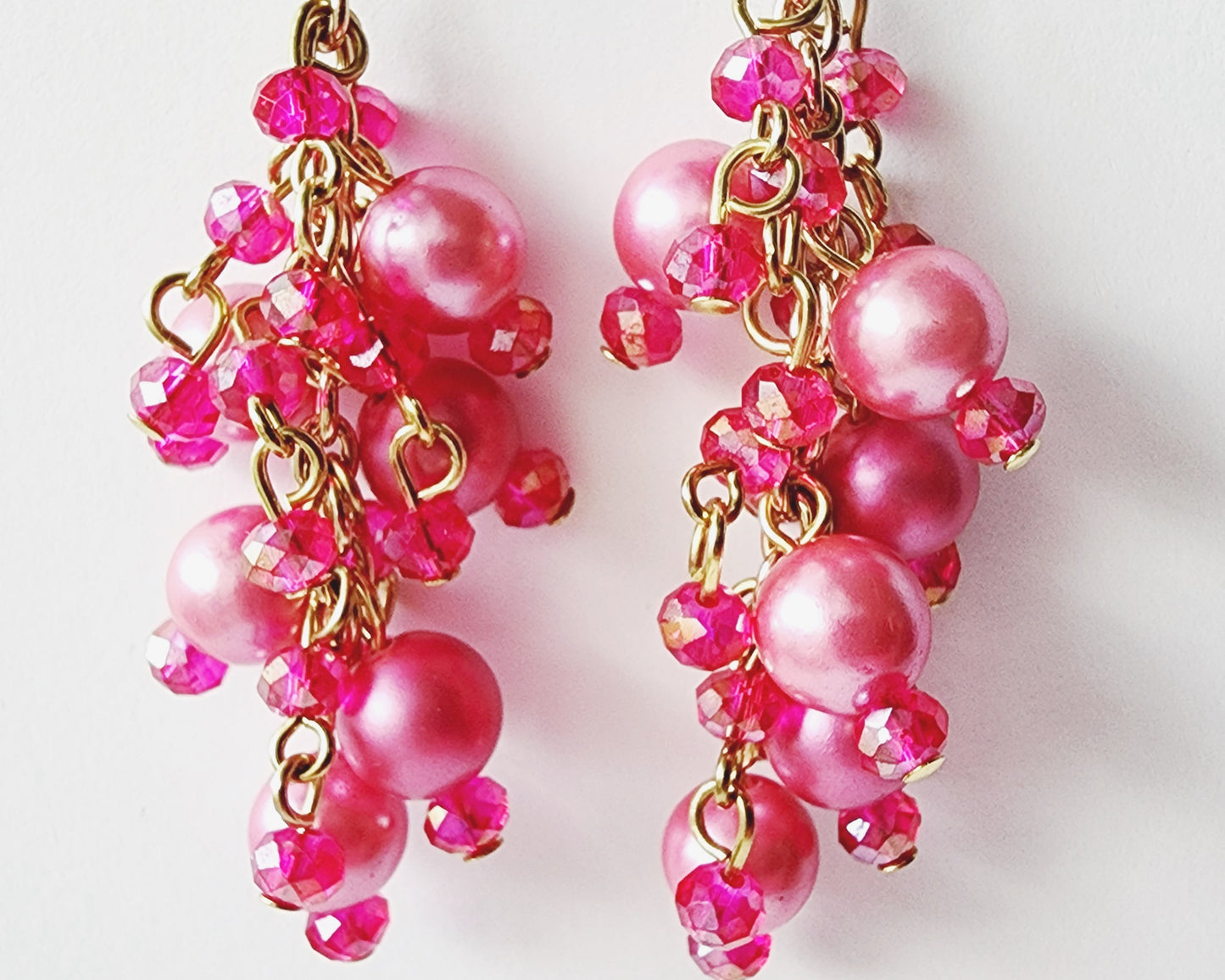 Long Eco Pink Pearl and Crystal Cluster Earrings  with fuchsia pink crystals and vintage pearls 