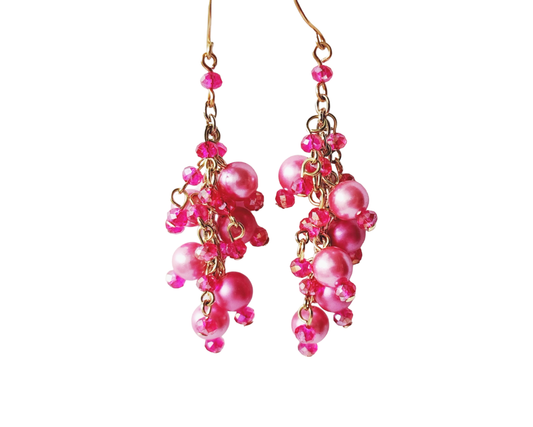 Long Eco Pink Pearl and Crystal Cluster Earrings  with fuchsia pink crystals and vintage pearls 