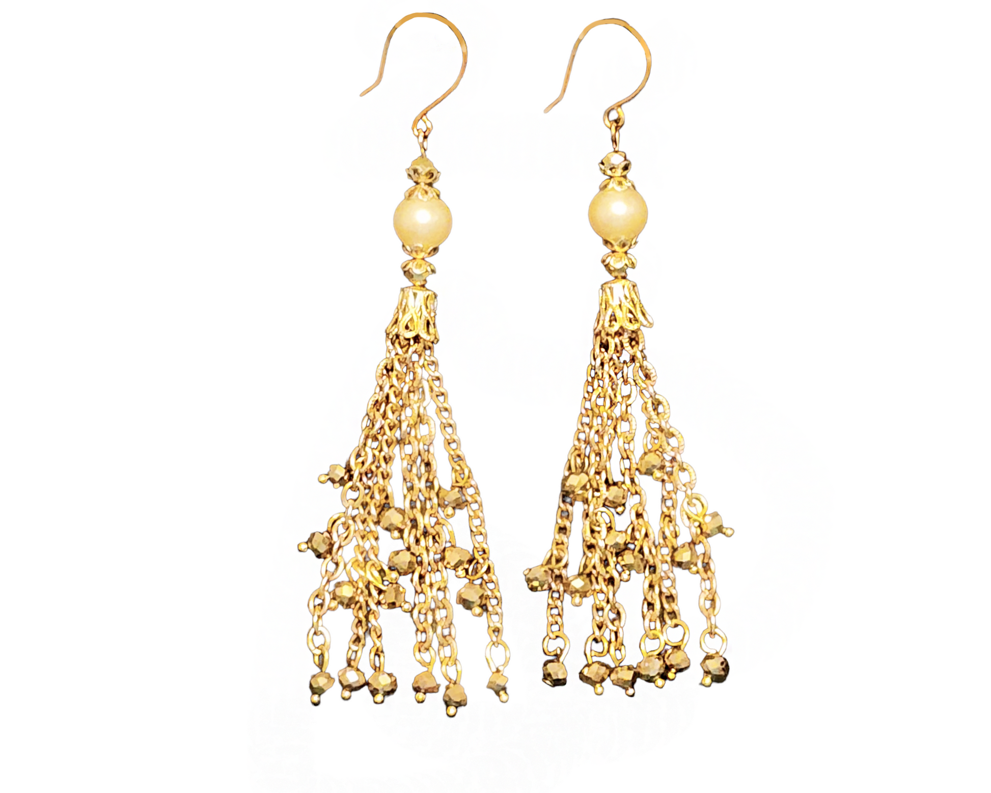 Long Art Deco Style Tassel Earrings, Tassel made with long strands of chains with gold crystals dangling below off white pearls. 