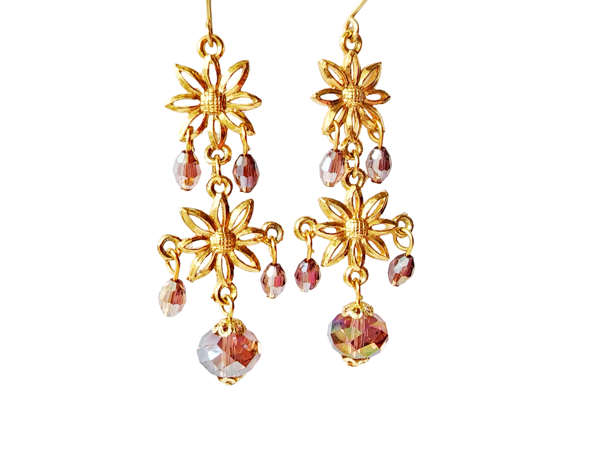 Long Gold Floral Crystal Chandelier Earrings, Long gold flowers with mauve AB crystal dangles on white 
