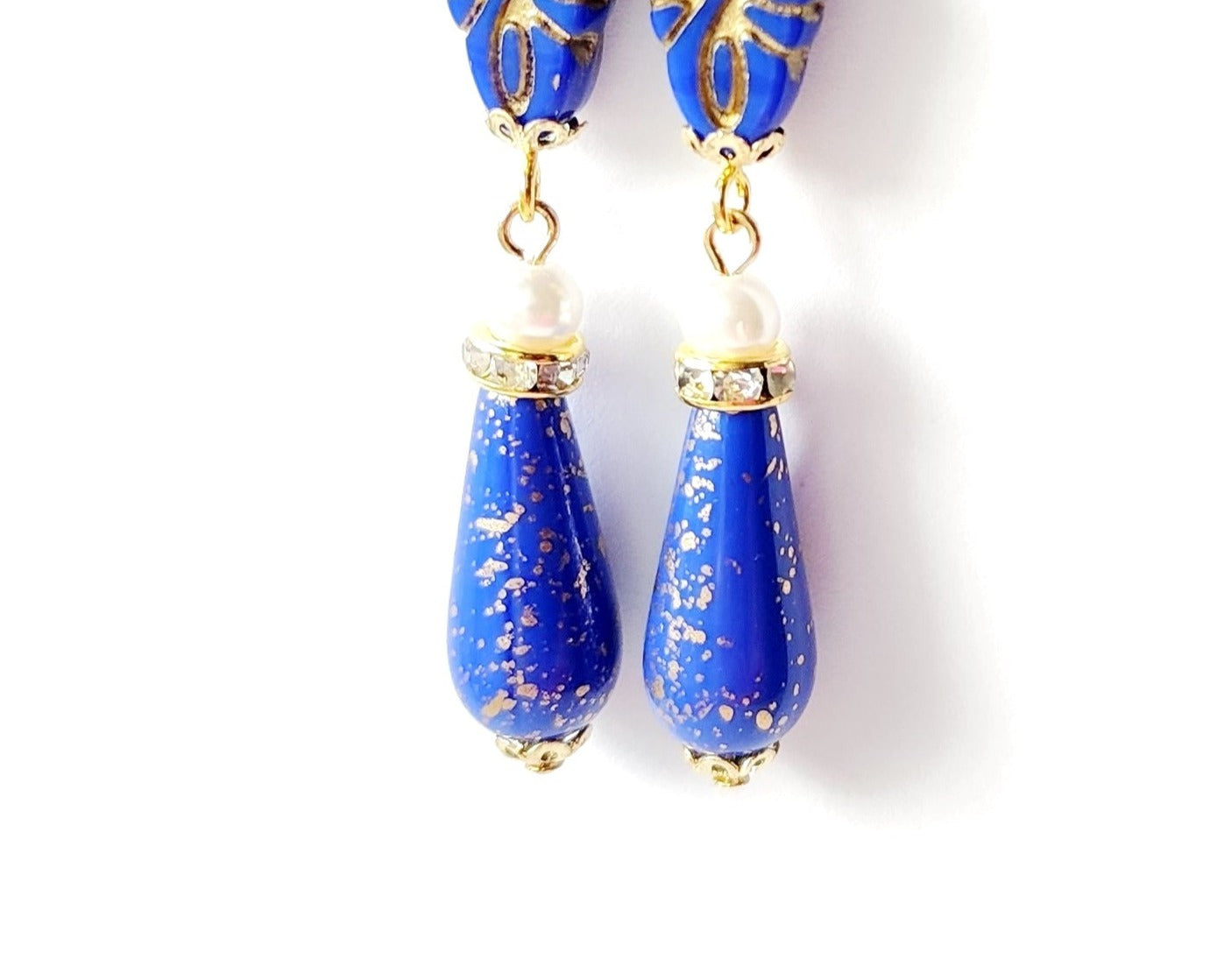 Long Art Deco Style Lapis Blue Glass and Pearl Dangle Earrings 