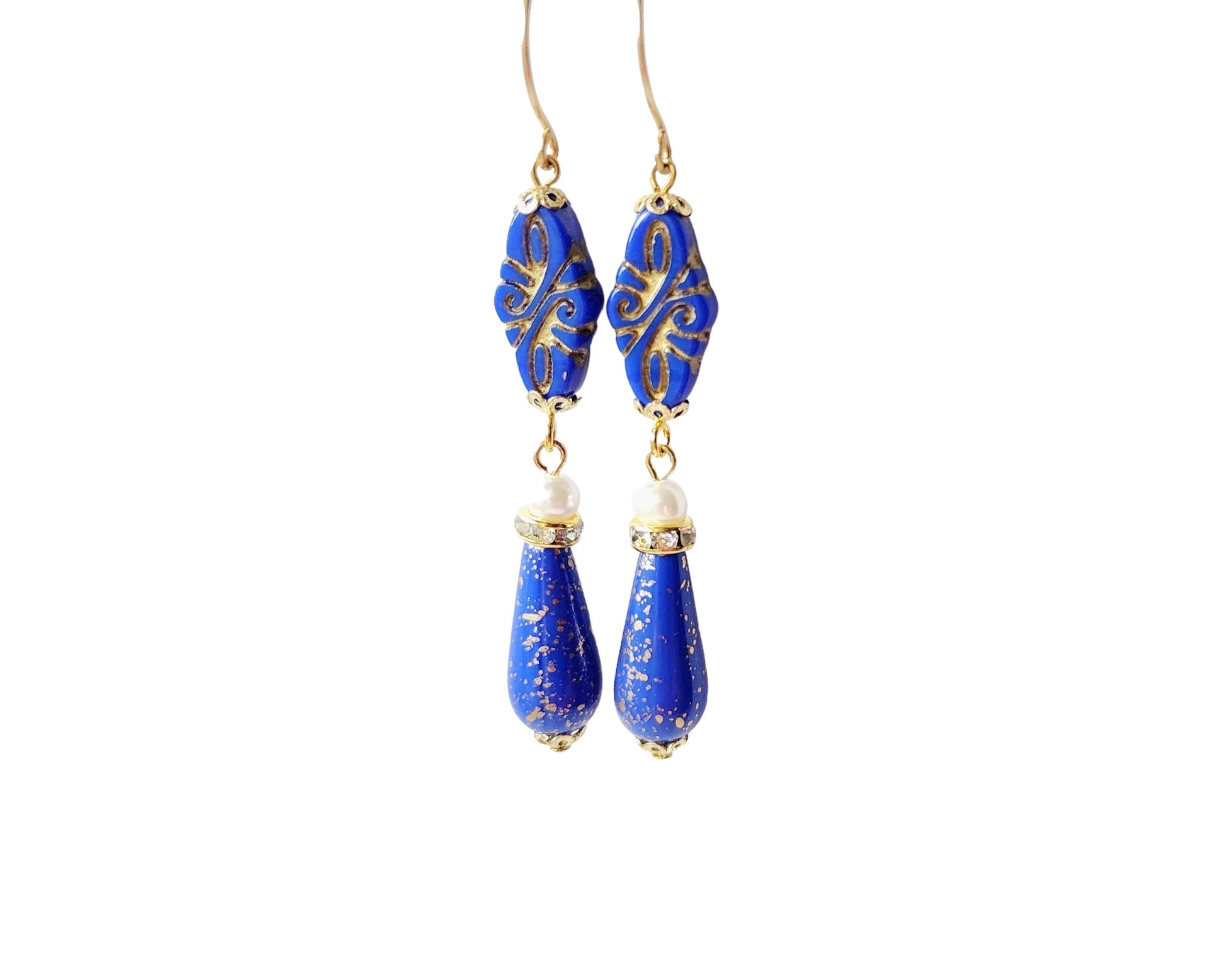 Long Art Deco Style Lapis Blue Glass and Pearl Dangle Earrings 