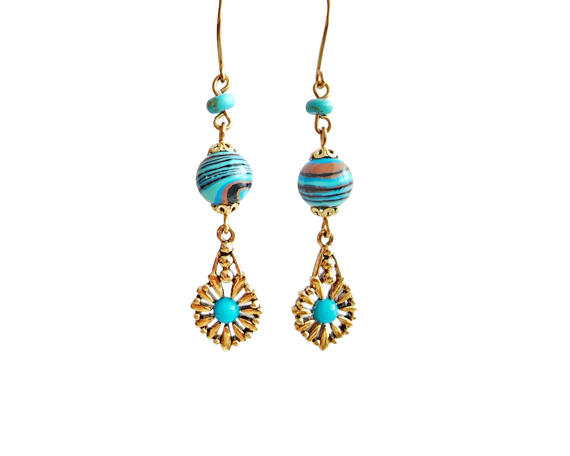Long Eco Turquoise Golden Earrings, turquoise malachite, gold plated, turquoise and French earrings wires on white background.