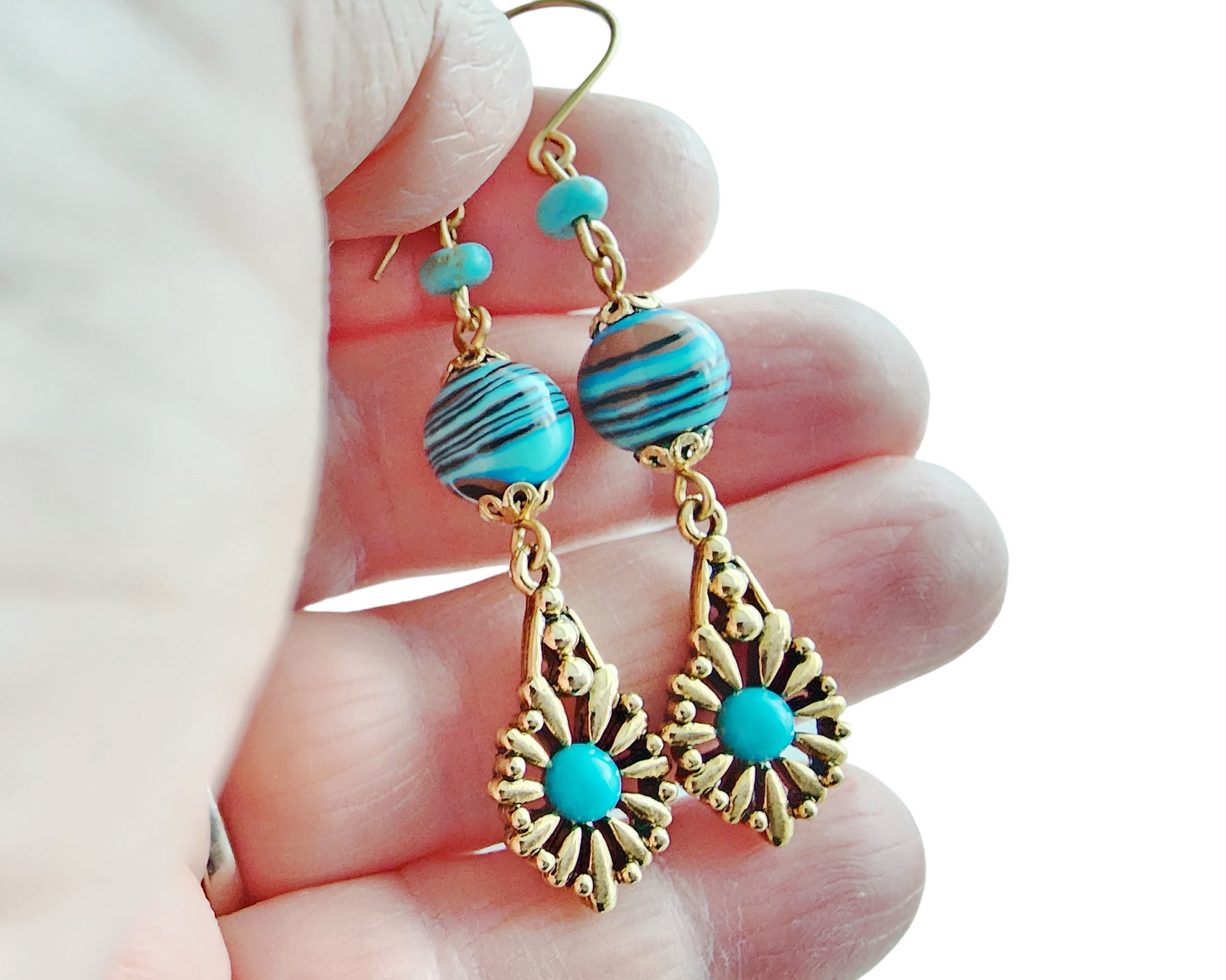 Long Eco Turquoise Golden Earrings, turquoise malachite, gold plated, turquoise and French earrings wires on white background.