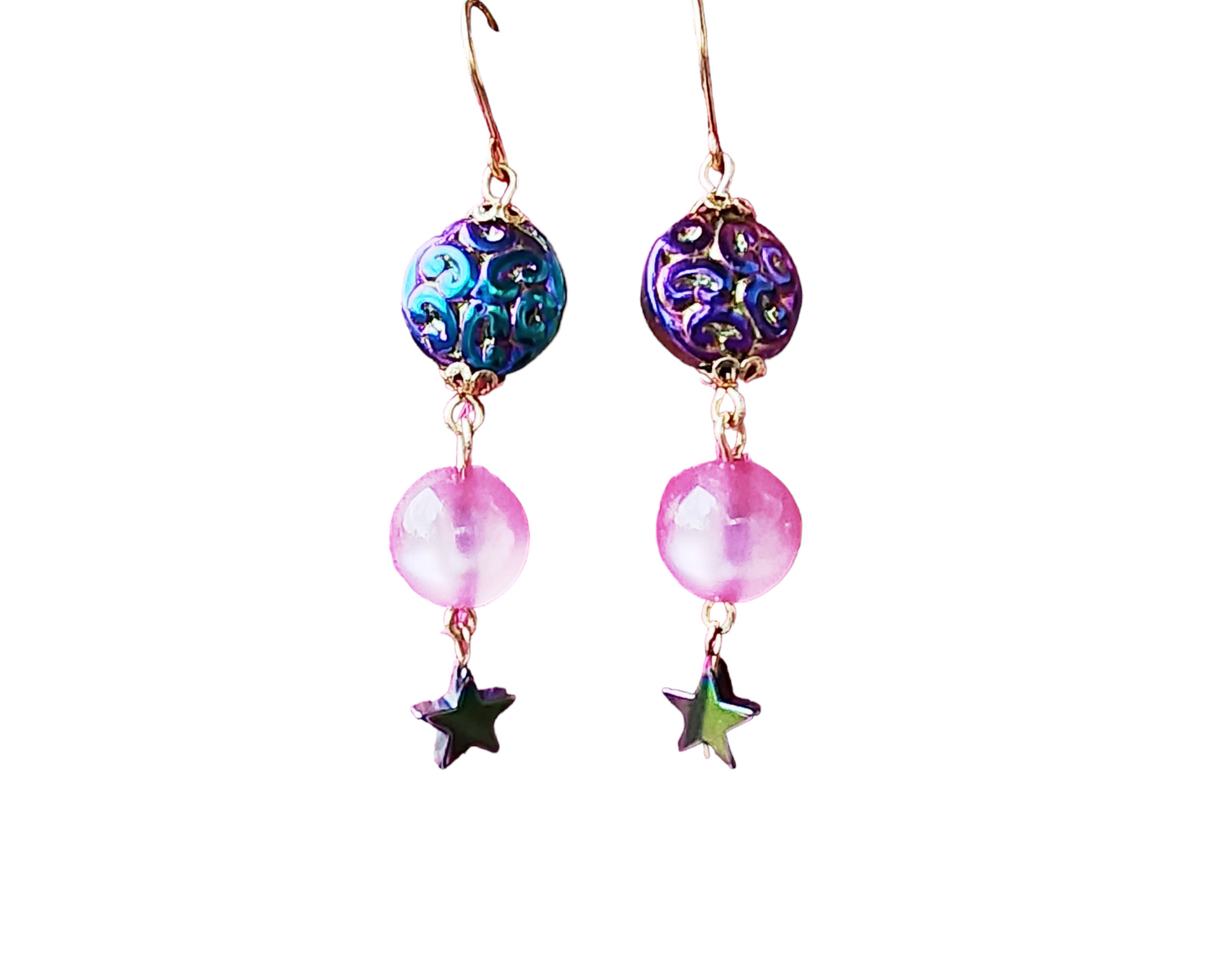 Long Pink Moonglow Star Earrings with titanium electroplated Hematite Stars, pink Moonglow 1960’s Lucite beads and metallic blue, purple and gold Czech Glass beads, all one Brass wire and French earring hooks. 