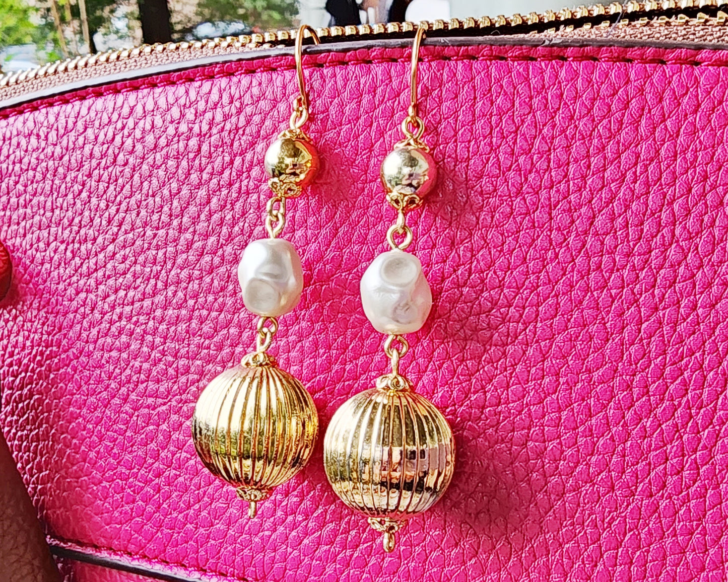 Long Vintage Baroque Peral large Gold Bead Earrings with large gold beads, baroque shaped Faux white pearls and smaller gold beads on top, with french earrings hooks