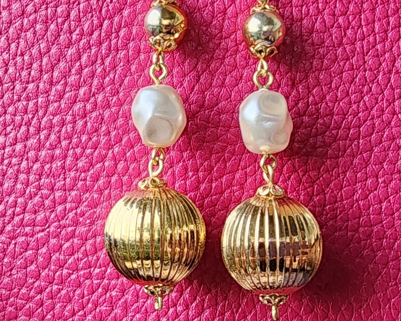 Long Vintage Baroque Peral large Gold Bead Earrings with large gold beads, baroque shaped Faux white pearls and smaller gold beads on top, with french earrings hooks