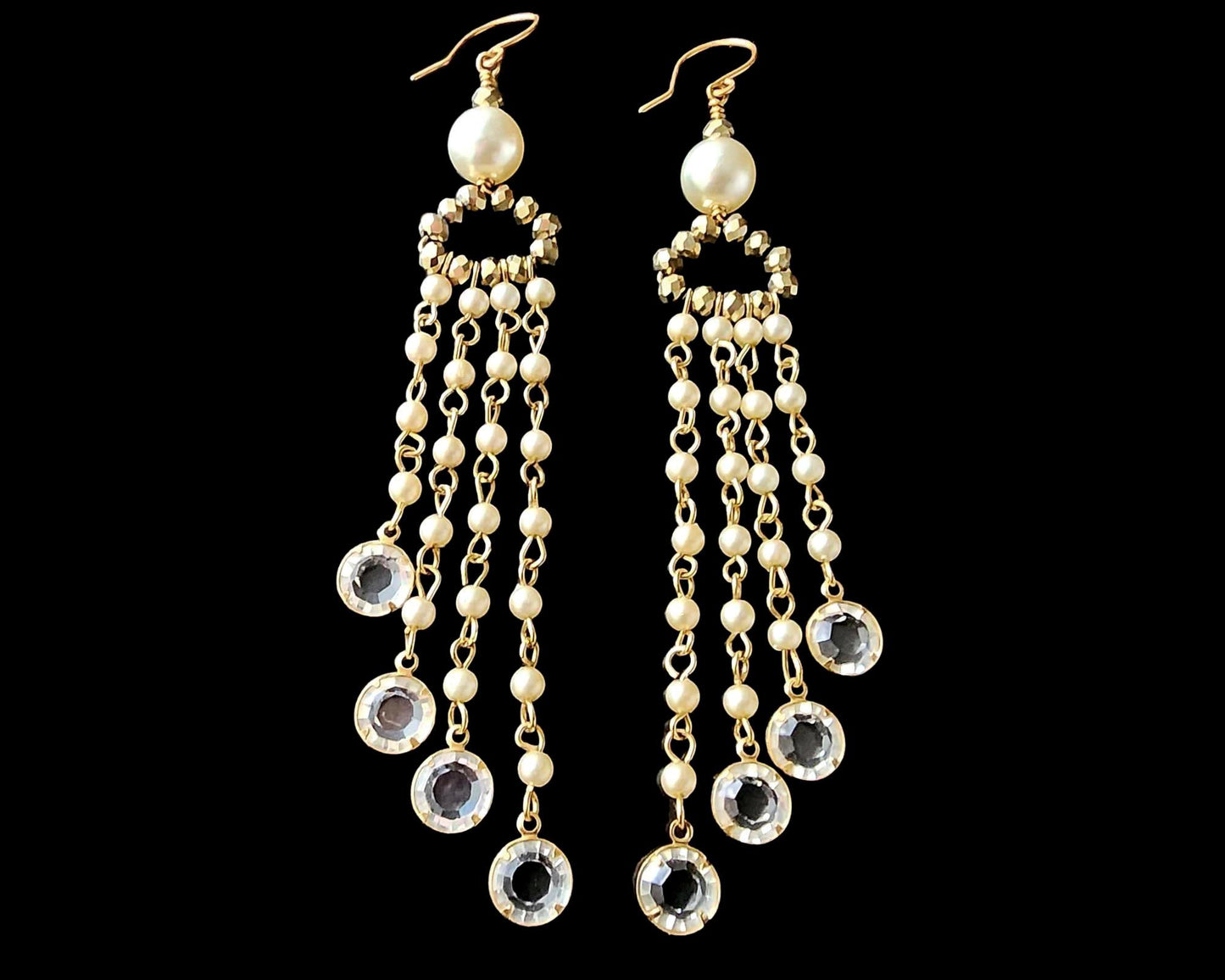Long Eco Elegance Pearl Crystal Chandelier Tassel Earrings