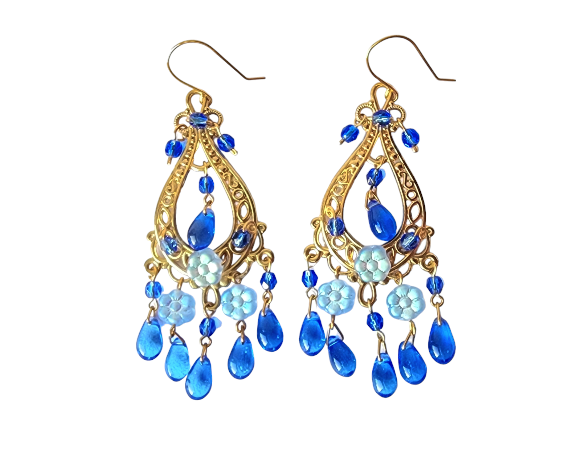 Long Eco Blue Floral Chandelier Earrings, large gold design with sapphire blue glass dangles and lighter blue flowers, on French style earrings wires. 