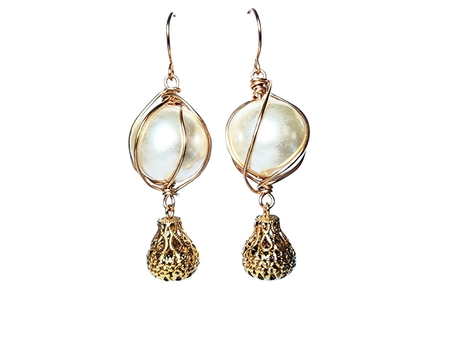 Long Elegant Large Pearl Dangle Earrings, Lage white peals, wrapped with gold wire and dangling filigree gold plated drops.