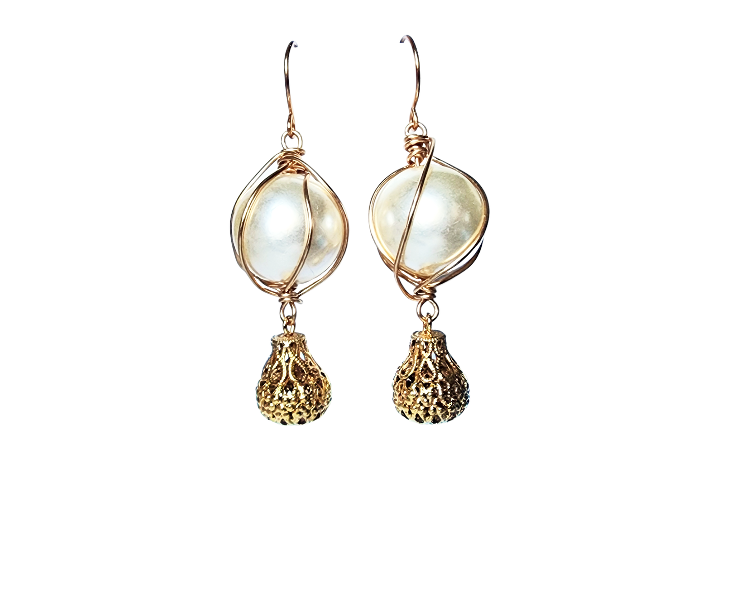 Long Elegant Large Pearl Dangle Earrings, Lage white peals, wrapped with gold wire and dangling filigree gold plated drops.