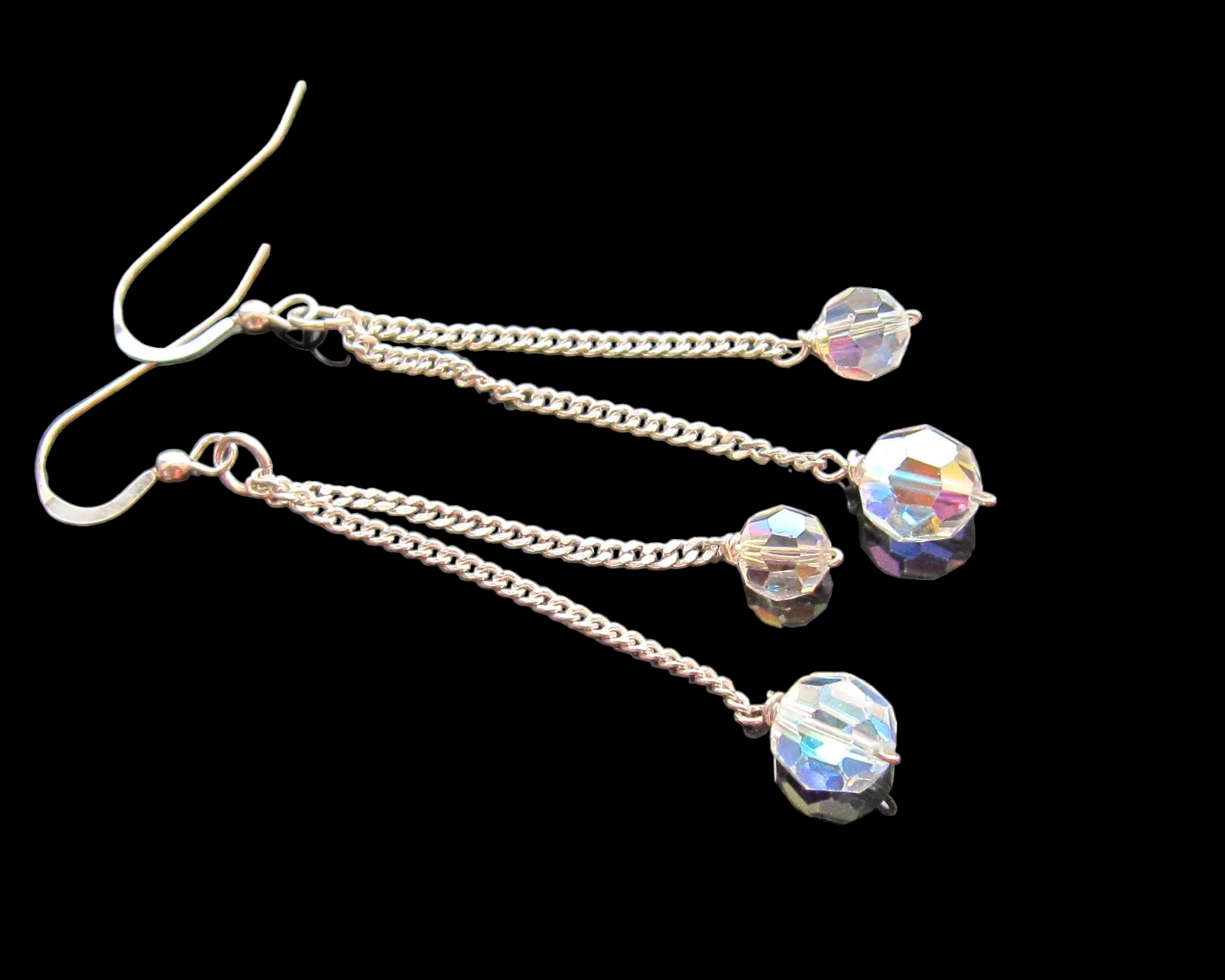 Extra Long Silver Chain and Crystal Dangle Earrings