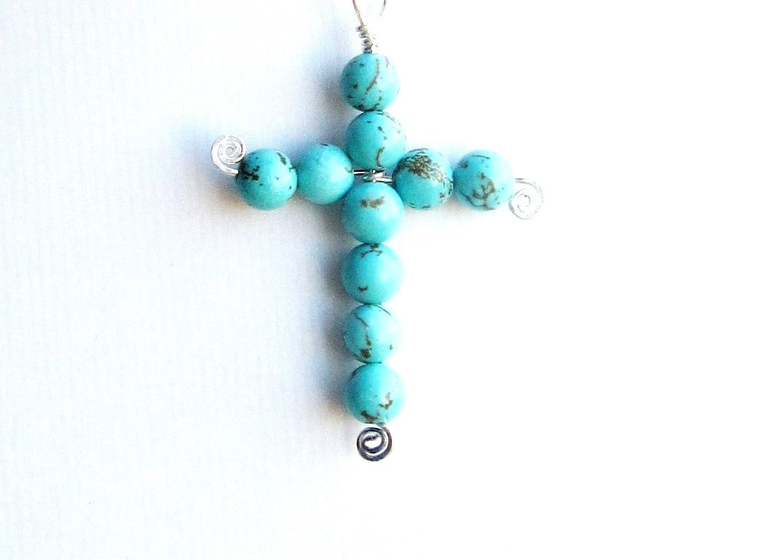 Turquoise Celtic Eternity Cross-Handcrafted-Sterling Silver-Turquoise Beaded Cross on Rolo chain. 