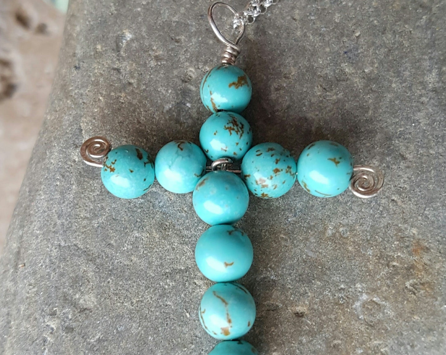 Turquoise Celtic Eternity Cross-Handcrafted-Sterling Silver-Turquoise Beaded Cross on Rolo chain. 