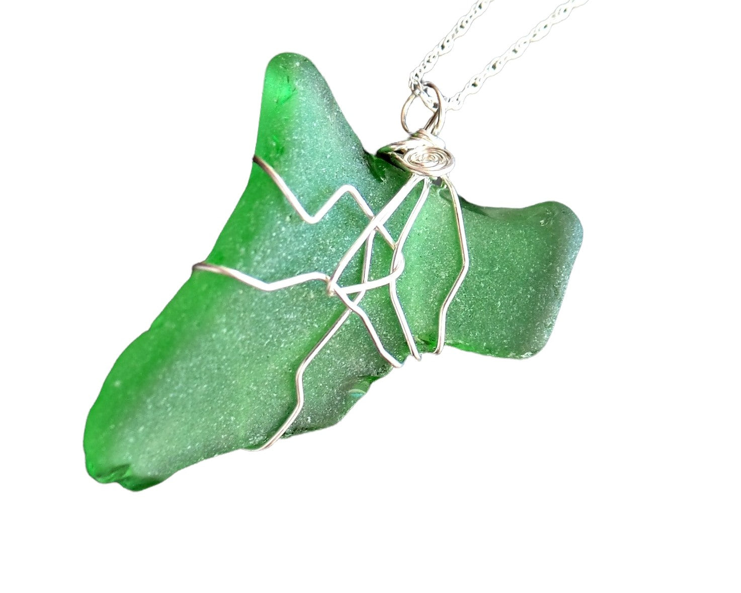 Green Leaf Freshwater Sea Glass / Beach Glass Pendant wire wrapped, dangling on Sterling Silver chain on white background