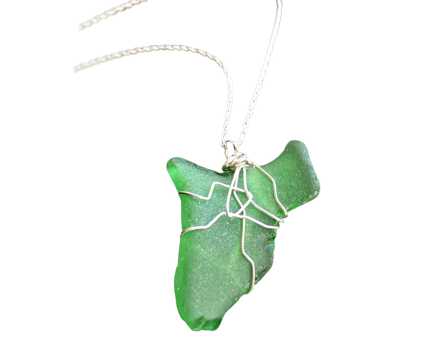 Green Leaf Freshwater Sea Glass / Beach Glass Pendant wire wrapped, dangling on Sterling Silver chain on white background