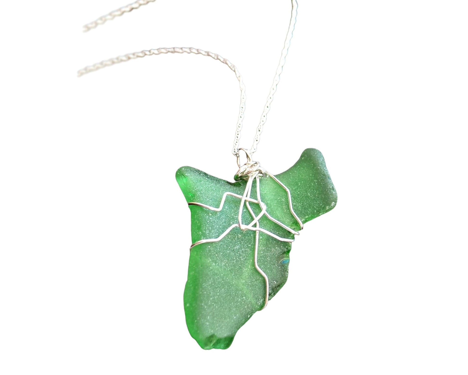 Green Leaf Freshwater Sea Glass / Beach Glass Pendant wire wrapped, dangling on Sterling Silver chain on white background