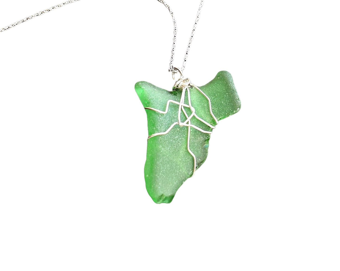Green Leaf Freshwater Sea Glass / Beach Glass Pendant wire wrapped, dangling on Sterling Silver chain on white background
