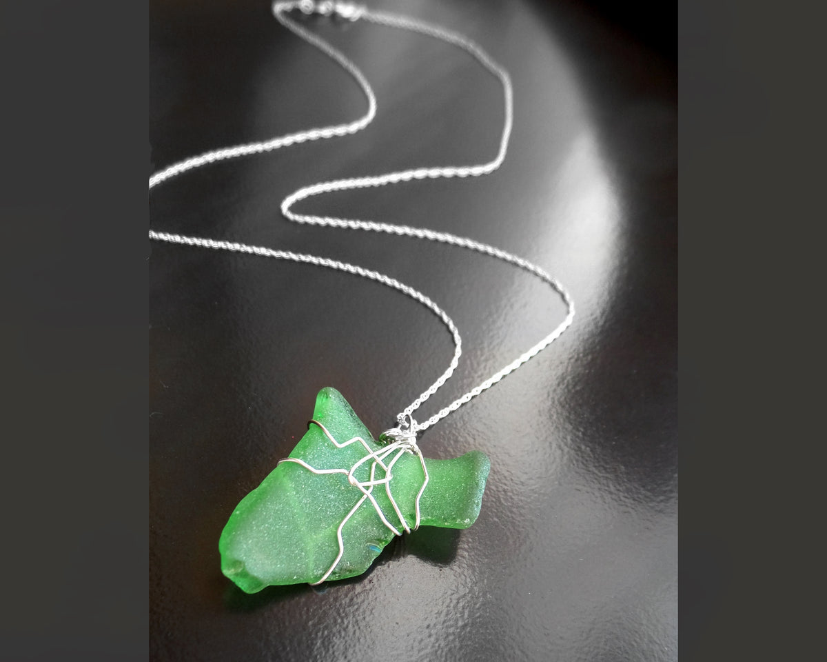 Peaceful Green Leaf Freshwater Sea Glass / Beach Glass Pendant-Lake Ontario