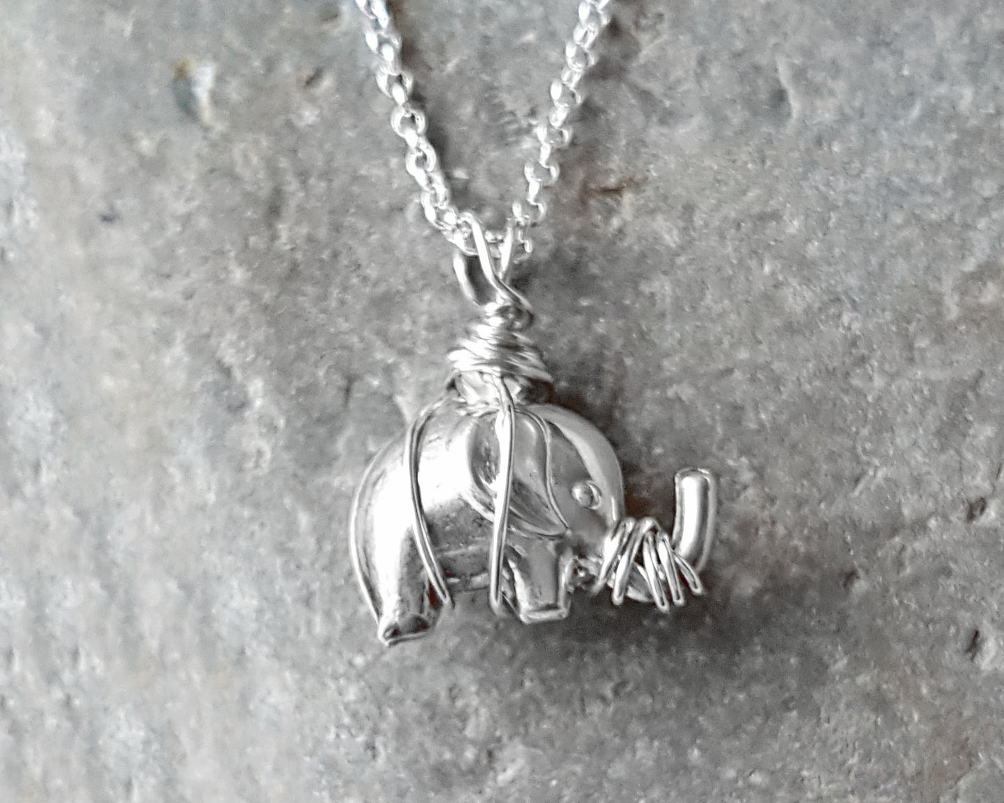 Elephant Hug Pendant Necklace, Sterling Silver Elephant Pendant wrapped with Sterling Silver wire on Rolo style Chain.