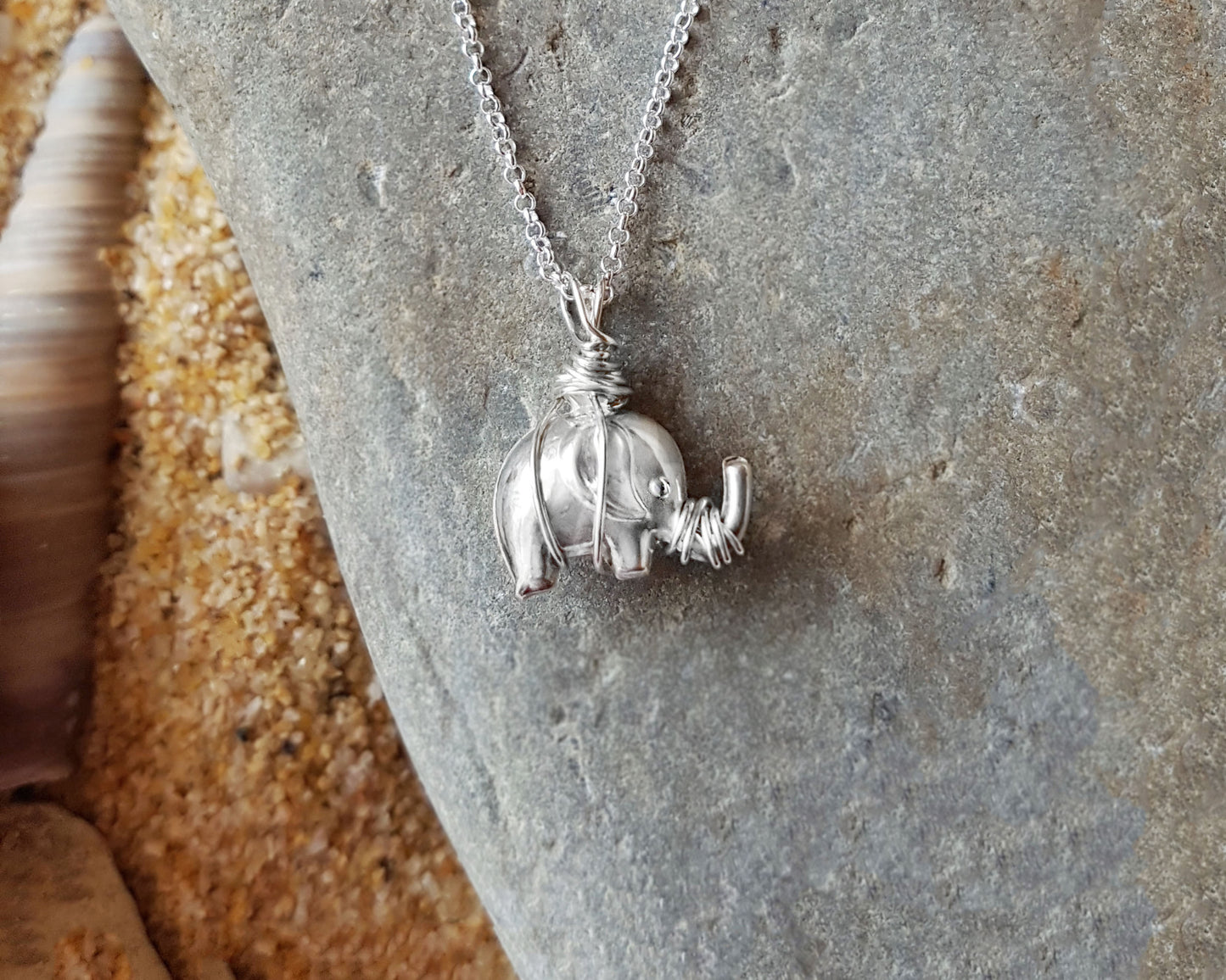 Elephant Hug Pendant Necklace, Sterling Silver Elephant Pendant wrapped with Sterling Silver wire on Rolo style Chain.