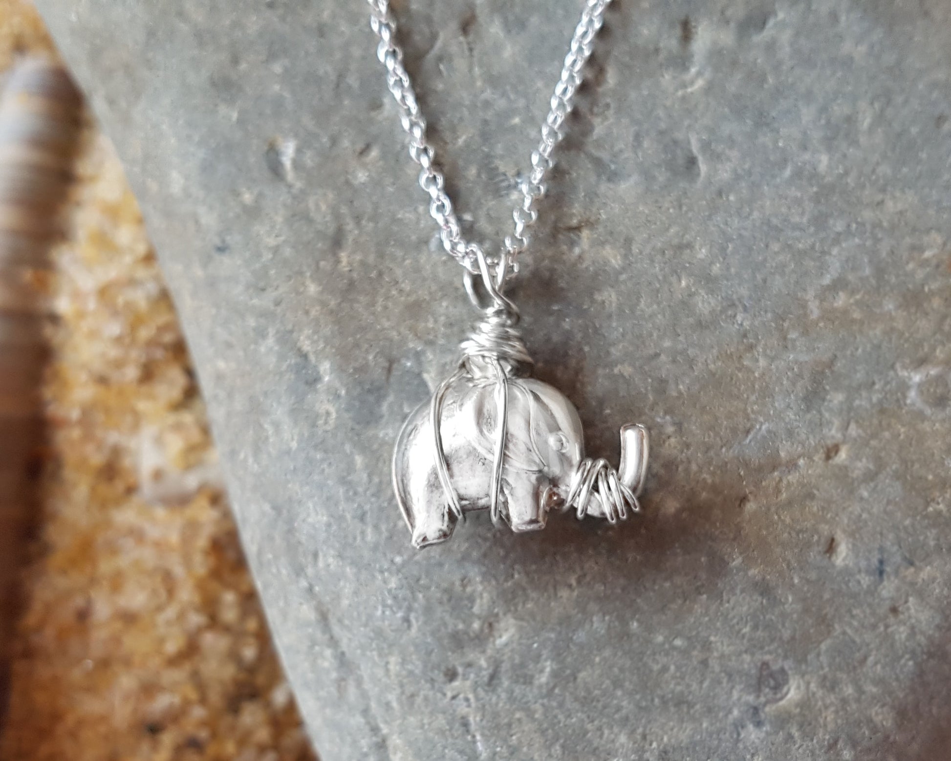 Elephant Hug Pendant Necklace, Sterling Silver Elephant Pendant wrapped with Sterling Silver wire on Rolo style Chain.