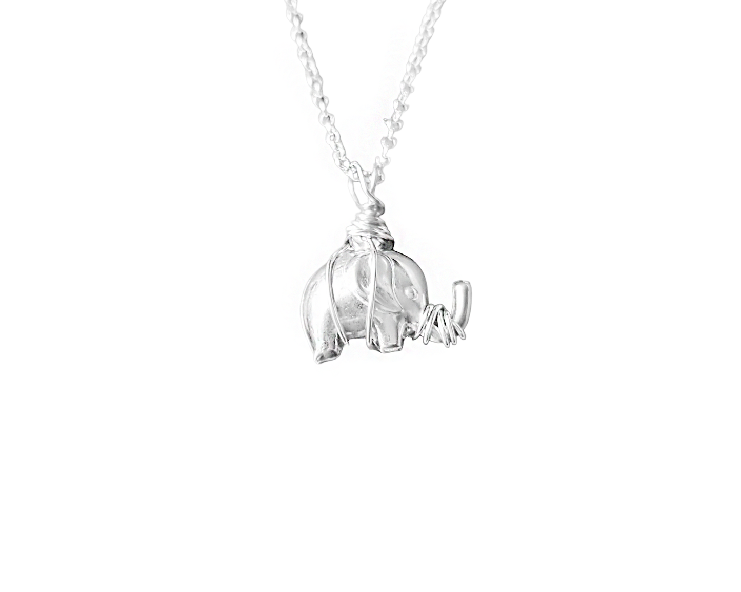 Elephant Hug Pendant Necklace, Sterling Silver Elephant Pendant wrapped with Sterling Silver wire on Rolo style Chain. on White background